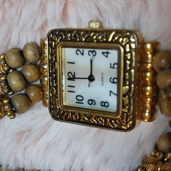 Vintage Gold Tone Quartz Square Face Watch with Wooden Beads - Picture 3 of 7